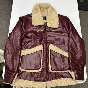 Put On Shop Jacket Womens M Burgundy Faux Shearling Lined Vinyl Vintage Aviator